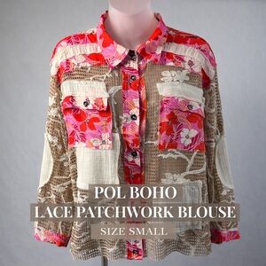 POL Mixed Lace Patchwork Blouse in Pink & Beige
